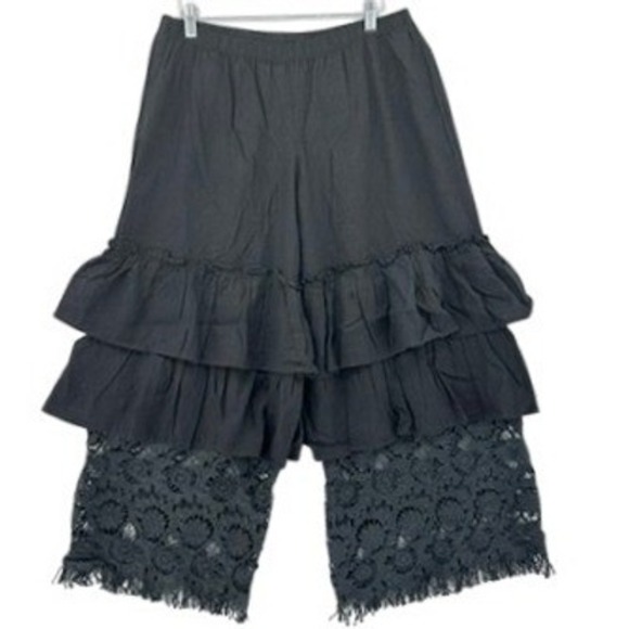 L&B Lucky & Blessed Pants - L&B Lucky & Blessed Black Ruffle Lace Crochet Linen Blend Boho Wide Leg Pants S